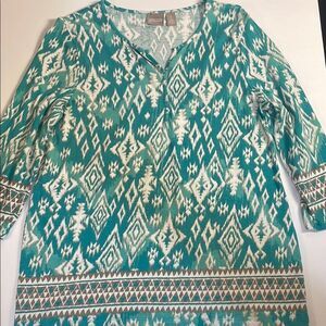 Chico's Ikat Design Split Neck‎ Tunic Top Teal & White 3/4 Sleeves Size 1 / Med
